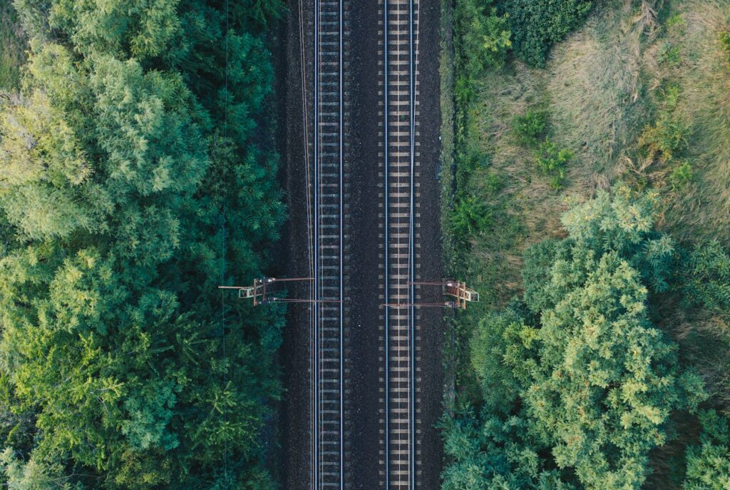 Photogrammétrie drone d’un faisceau ferroviaire vu du ciel, gare de Toulouse
